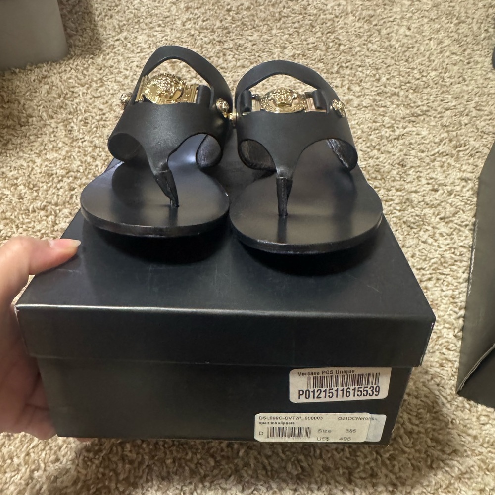 Versace Black and Gold Thong Sandals with Designer Emblem